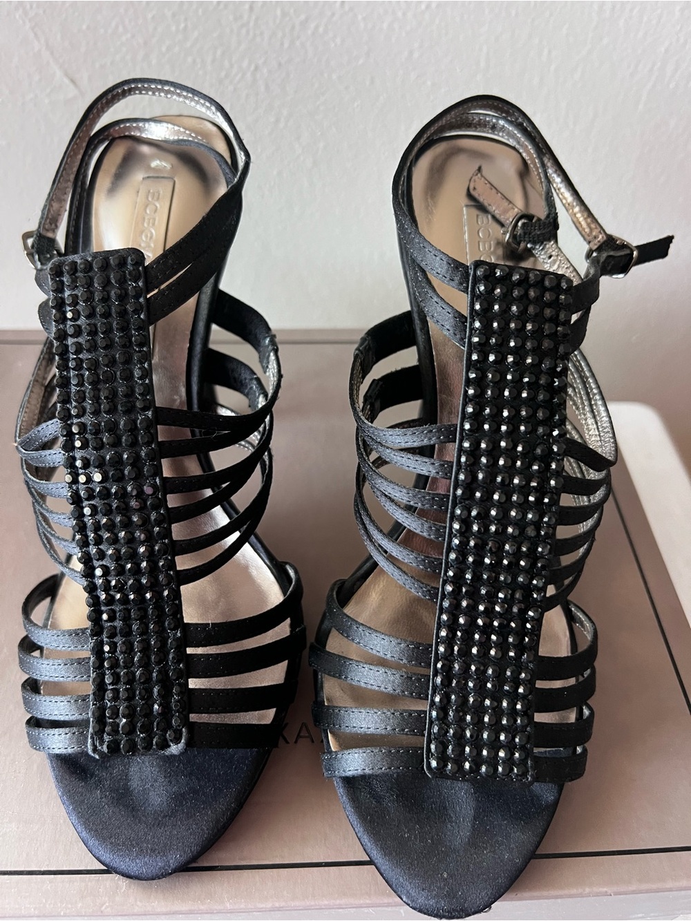 BCBG Women's Black Strappy Jeweled Dress Sandals